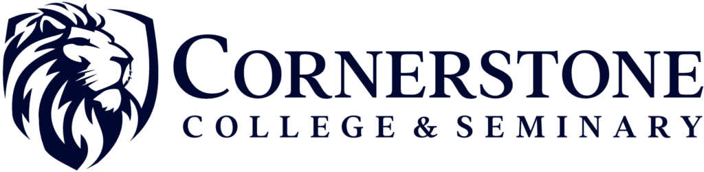Cornerstone College & Seminary logo with a stylized navy lion head emblem on the left and the words 'Cornerstone College & Seminary' in navy serif type. Home  