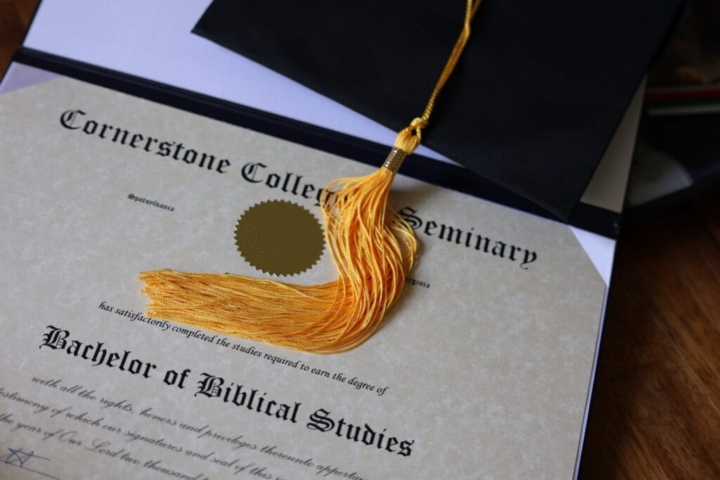 Graduation certificate with gold tassel resting on a cap, indicating academic achievement. Doctor of Ministry