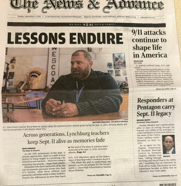 Front page of a newspaper with the bold headline 'LESSONS ENDURE' and a photo of a bearded man sitting at a desk in a classroom. Teaching 9/11 as a Christian: How CCS Professor Bryce Woerner Landed on the Front Page