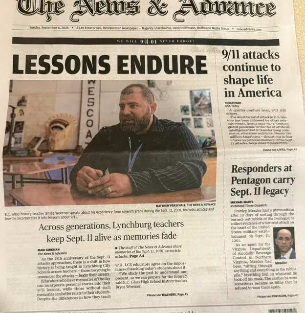 N and A 9 11 Front Page Teaching 9/11 as a Christian: How CCS Professor Bryce Woerner Landed on the Front Page Cornerstone College & Seminary Front page of a newspaper with the bold headline 'LESSONS ENDURE' and a photo of a bearded man sitting at a desk in a classroom. Teaching 9/11 as a Christian: How CCS Professor Bryce Woerner Landed on the Front Page